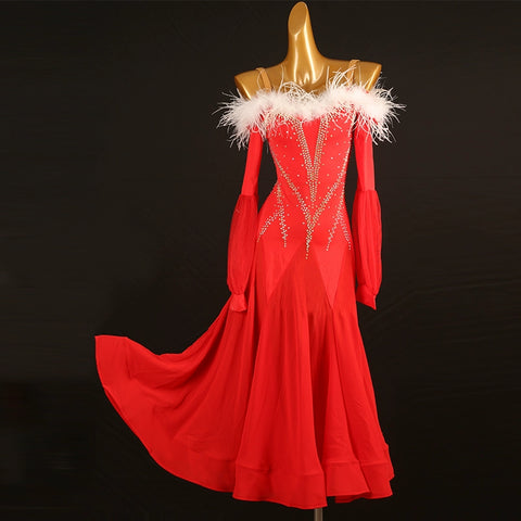 Red with White Feather Competition Ballroom Dance Dress for Women Girls Kids Waltz Tango Flamenco Rhythm Party Performance Ball Gown