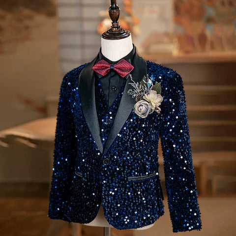 Children's Boys Dark Sequined Jazz Dance Blazers Coats Singers Choir Pianist Host Jackets Wedding Birthday Party Flower Boys Stage Show Coats