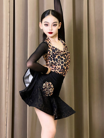 Black with leopard Latin dance dresses girls kids salsa chacha ballroom performance outfits modern dance costumes for children