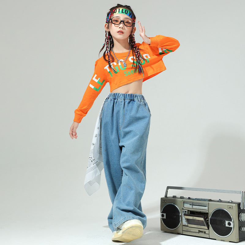 Children's Hip Hop Jazz Dance Costumes Orange Blue Kids Street Dance Clothing Girls Jeans Walk Show Outfits