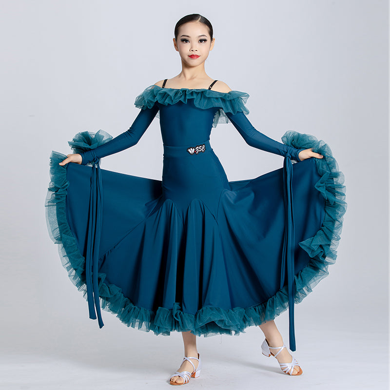 Kids Blue Ballroom Dance Dresses for Girls Children Dew Shoulder Waltz Tango Rhythm Dancing Skirts Party Performance Clothes