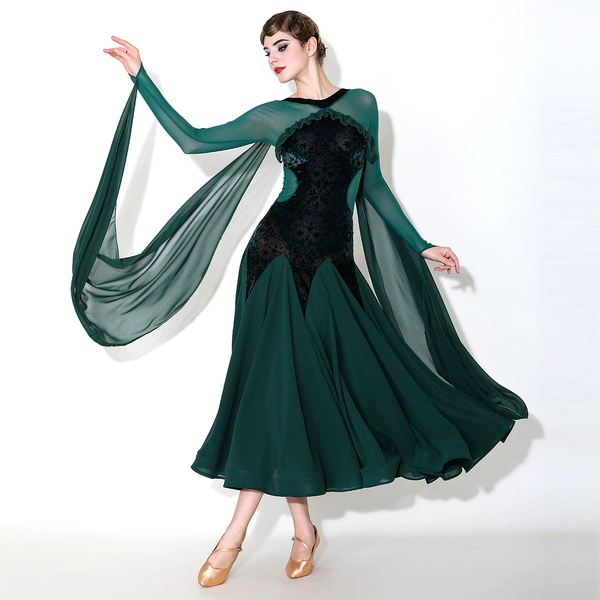 Wine Dark Green Ballroom Dance Dresses for Women Girls Float Sleeves Waltz Tango Foxtrot Smooth Dance Long Gown