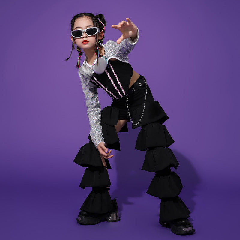 Girls silver sequin Jazz hiphop Dance costumes for kids children rapper singers gogo dancers Performance Clothing model show outfits