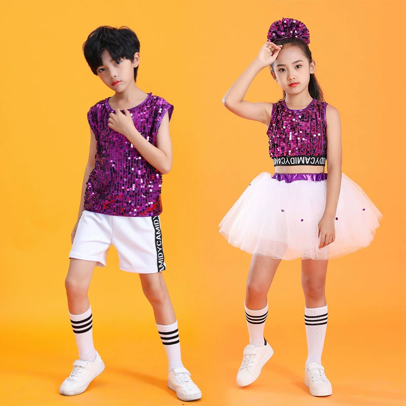 Children's Purple Sequined Jazz Dance Costumes Tutu Skirts Girls Boys Modern Dance Stage Performance Outfits for Kids