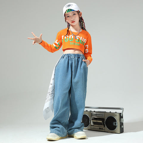 Children's Hip Hop Jazz Dance Costumes Orange Blue Kids Street Dance Clothing Girls Jeans Walk Show Outfits