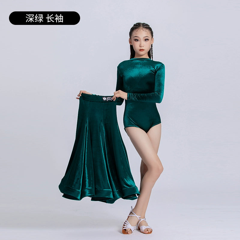 Light Blue Dark Green Velvet Ballroom Dance Dresses for Girls Kids Waltz Tango Rhythm Party Dance Ballroom Gown Performance Training Outfits