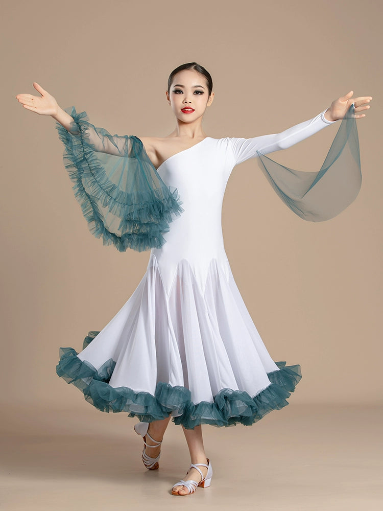 White with Blue Slant Neck Ballroom Dance Dresses for Girls Kids Competition Ballroom Tango Waltz with Float Art Test Training Uniforms