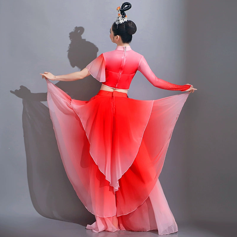 Red gradient chinese folk Classical dance costumes women Festival traditional umbrella fan yangge dance petals dresses