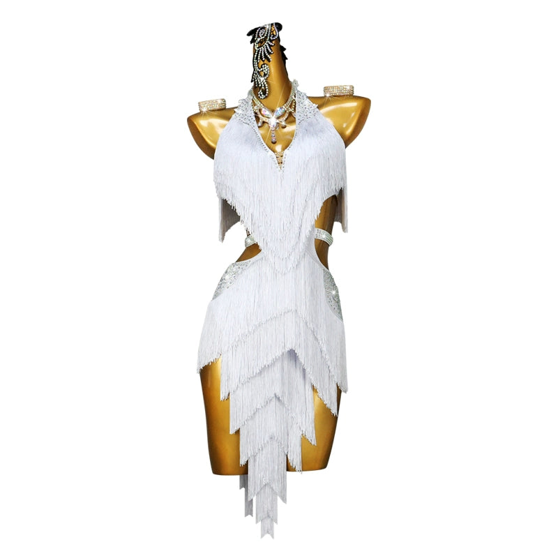 Custom Size White Fringe Competition Latin Dance Dresses for Wmen Girls Kids Professional Salsa Rumba Cha Cha Jive Latin Contest Performance Costumes