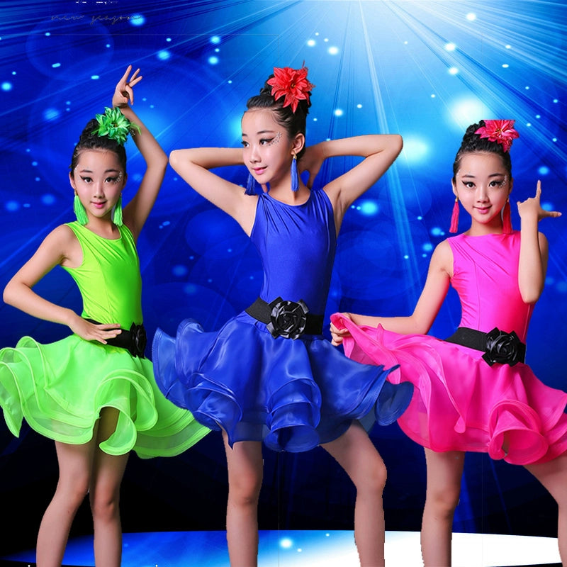 Children Competition Neon Green Pink Blue Latin Dance Dresses Ruffles Salsa Chacha  Performance Clothes for Girls