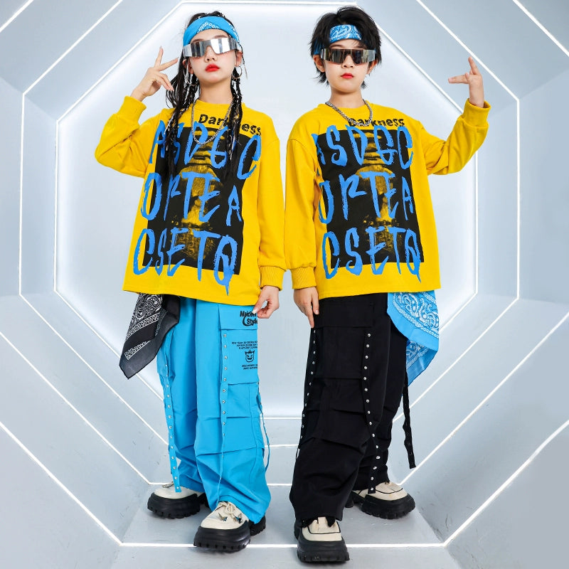 Kids Hip Hop Street Jazz Dance Costumes Boys Girls Blue Yellow Hiphop Fried Street Model Show Rapper Singers Catwalk Trendy Outfits for Children