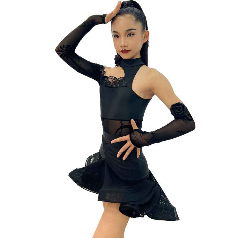 Girls Black Latin Dance Dresses Slant Neck Lace One Shoulder Salsa Rumba Chacha Performance Practice Costumes for Kids