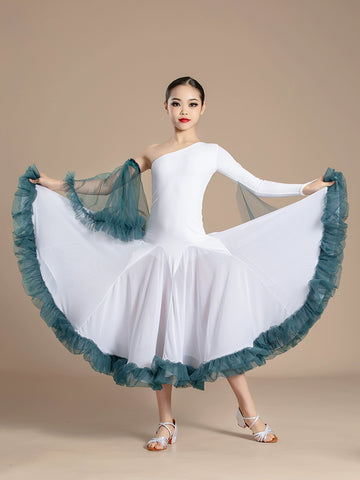 White with Blue Slant Neck Ballroom Dance Dresses for Girls Kids Competition Ballroom Tango Waltz with Float Art Test Training Uniforms