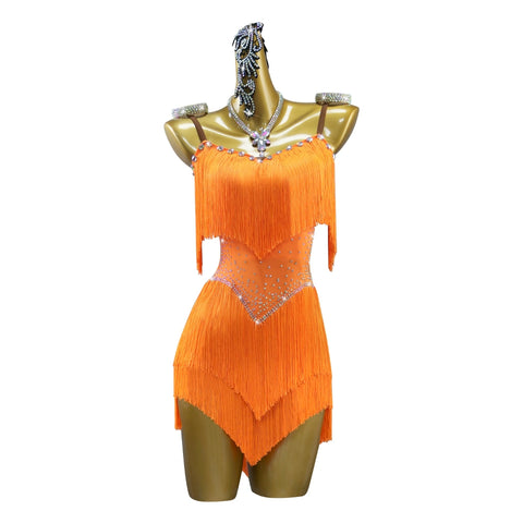 Adult Orange Latin Dance dresses women girls tassels salsa rumba chacha Contest Performance Costume Art Examination solo skirt