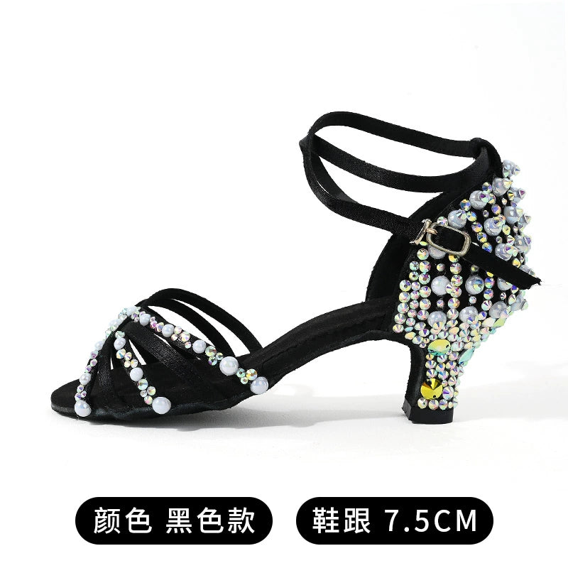 Women Girls Kids Sparkling Gemstones Latin Dance Shoes White Black High Heel Salsa Rumba Chacha Jive Ballroom Dancing Sandal Shoes Soft Sole