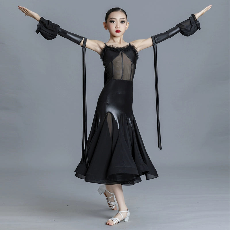 Children's Black Ballroom Dance Dresses for Girls Kids Waltz Tango Ballroom Dance Costumes Performance Swing Skirts