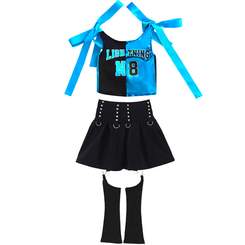 Girls' Blue Shiny Jazz Dance Costume Hip Hop Street Dance Outfits for Kids Rapper Singer Gogo Dancers Model Catwalk Suit