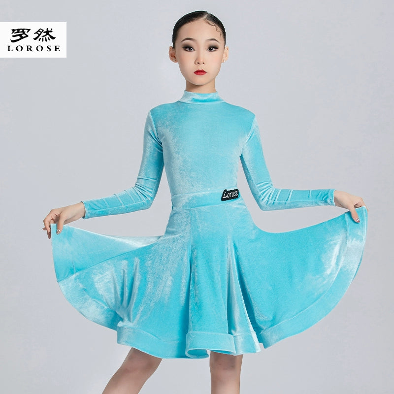 Children's  Pink Blue Red Green Black Latin Ballroom Dance Dresses for Girls Kids High-necked Velvet Long-sleeved  Salsa  Dance Clothes