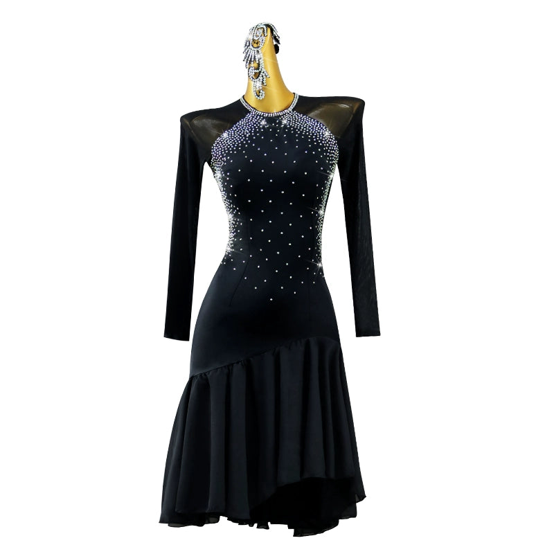 Black Sparkling Latin Dance Performance Competition Dresses for Women Girls Ruffles Skirts Salsa Rumba Chacha  Long Sleeve Party Dancing Costumes