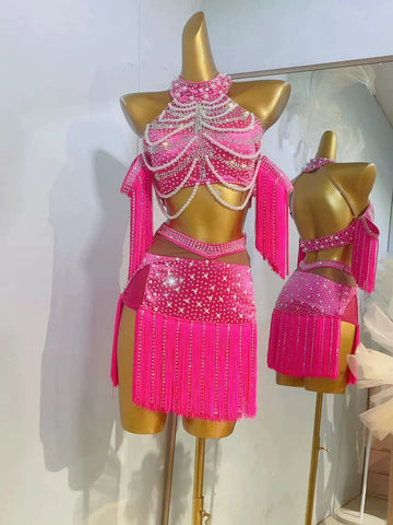 Custom Size Green Pink Latin Dance Competition Dresses for Women Girls Kids Salsa Chacha Dance Pearl Gold Fringed Skirts Party Performance Outfits