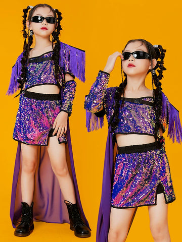 Children's Purple Red Sequins Street Jazz Dance Costumes Party Rapper Singers Gogo Dancers Wear Runway Model Walk Show Outfits