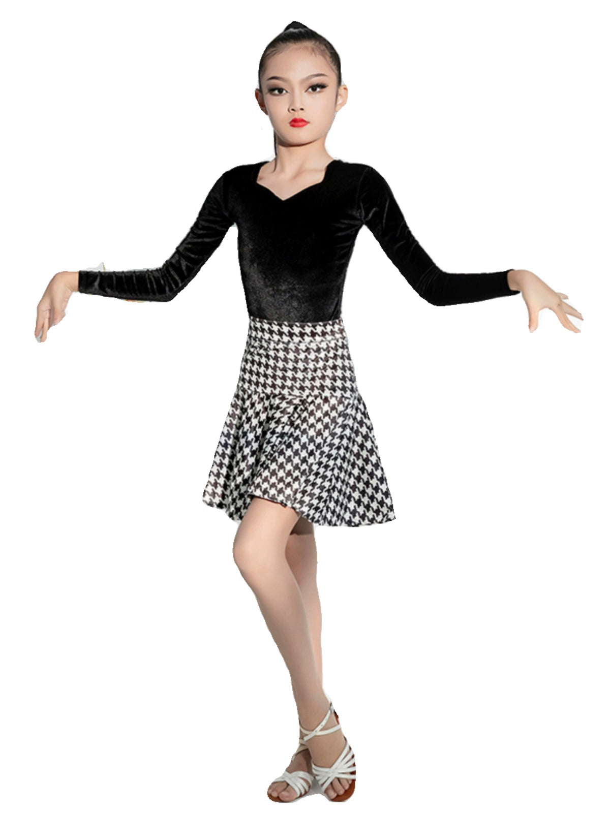 Black White Plaid Velvet Latin Dance Dresses for Girls Kids Professional Grading Salsa Rumba Chacha Dance Costumes Long Sleeves