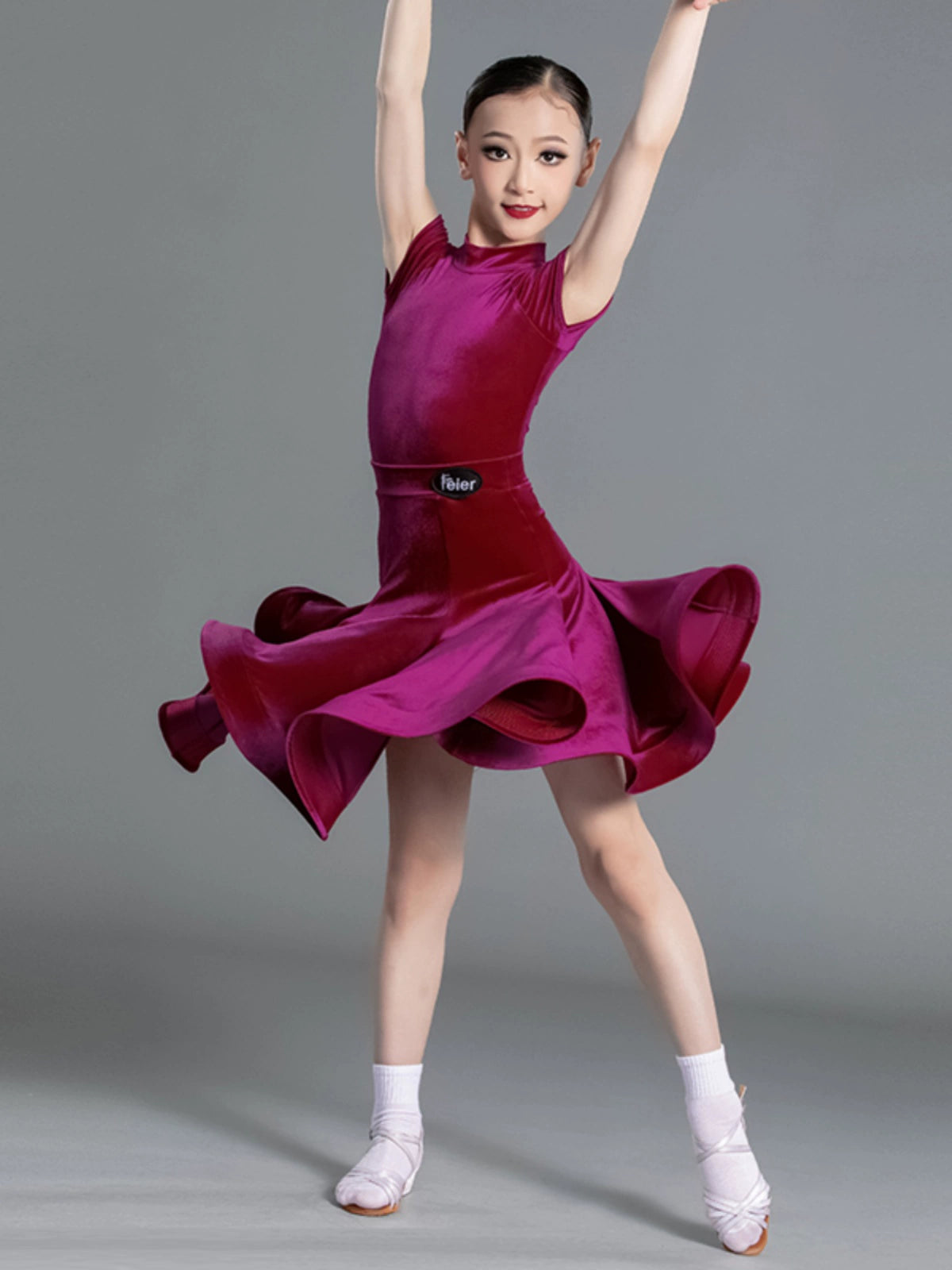 Latin Dance Competition dresses for kids girls  wine green Short Sleeves Standard  ballroom latin Competition Suit