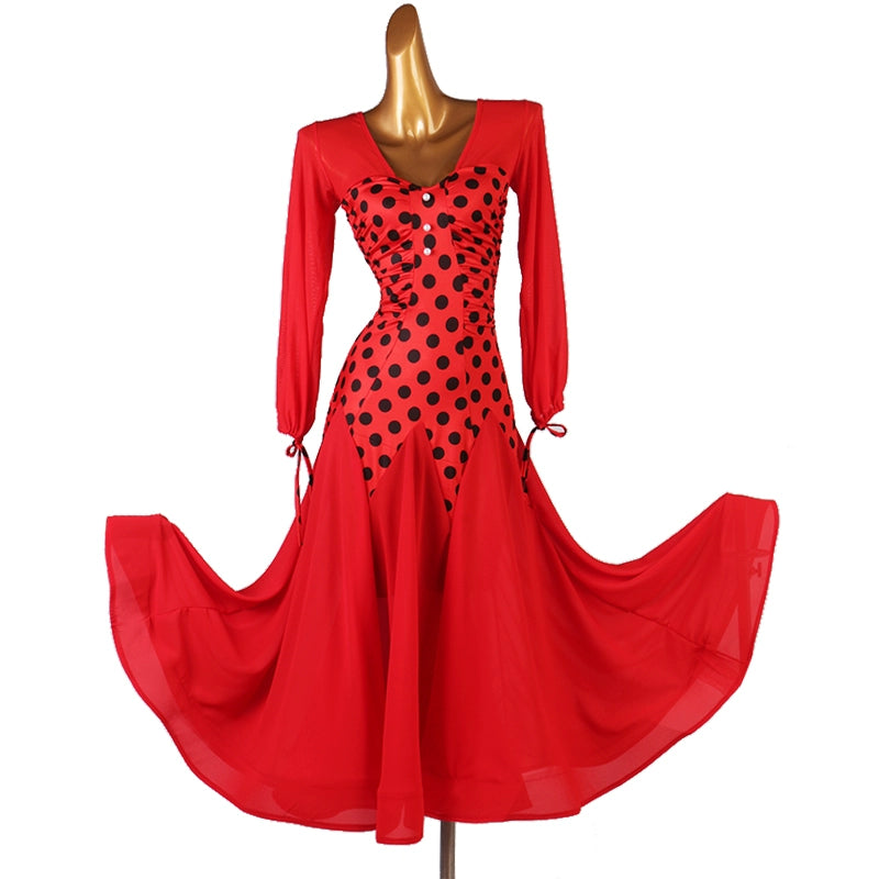 Red Polka Dot Ballroom Dance Dresses for Women Girls Modern Party Vintage Style Waltz Tango Flamenco Stage Performance Long Gown