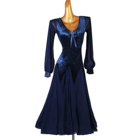 Bubble Sleeve Navy Velvet Modern Ballroom Dance Dresses for Women Girls V-neck National Waltz Tango Foxtrot Smooth Dance Long Gown