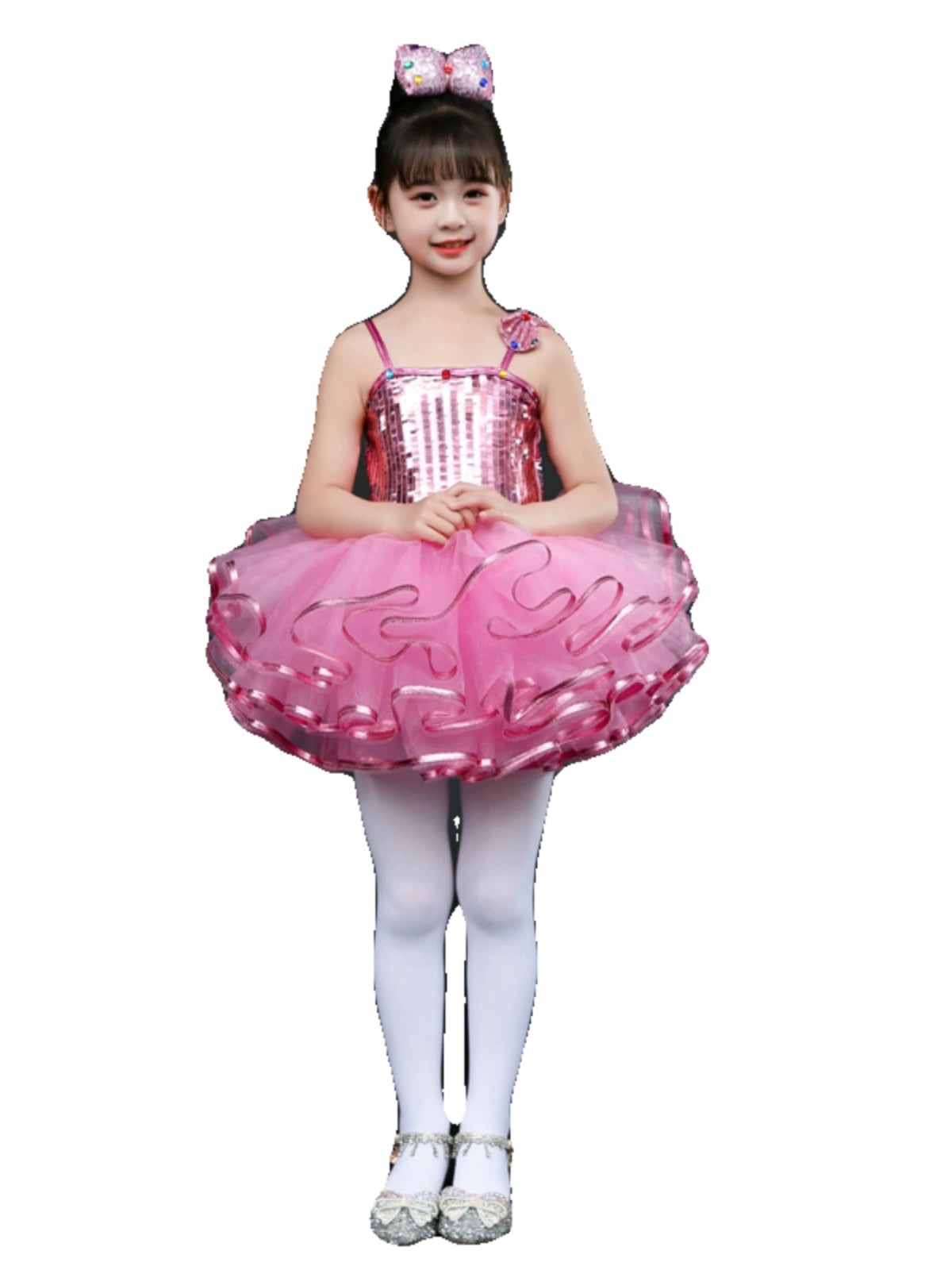 Children Pink Green Sequin Jazz Dance Dress Tutu Skirts Ballet Dress Toddler Pianist Princess Choir Performance Costumes