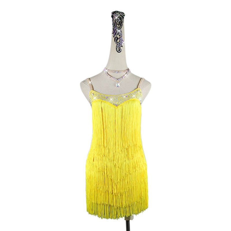 Women girls yellow tassel Latin dance dress red black salsa rumba chacha stage performance competition clothing