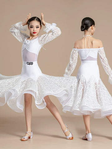 White Lace Competition Modern National Ballroom Dance Dresses for Girls Kids Dew Shoulder Waltz Tango Art Test Performance Costumes