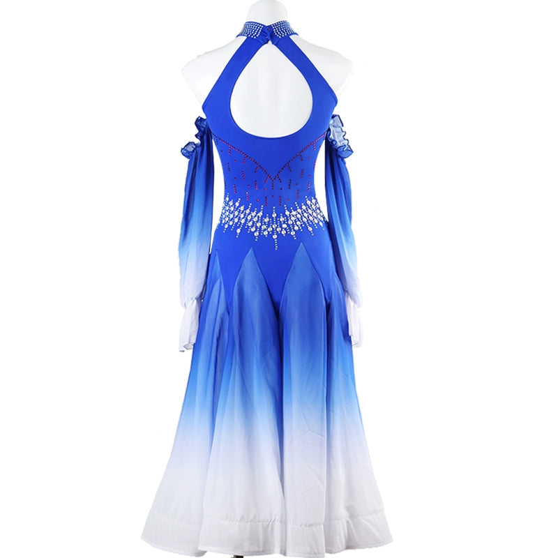 Royal Blue Black Gradient Competition Ballroom Dance Dress for Women Girls Rhinestones Halter Neck Dew Shoulder Waltz Tango Party Dance Long Gown for Female