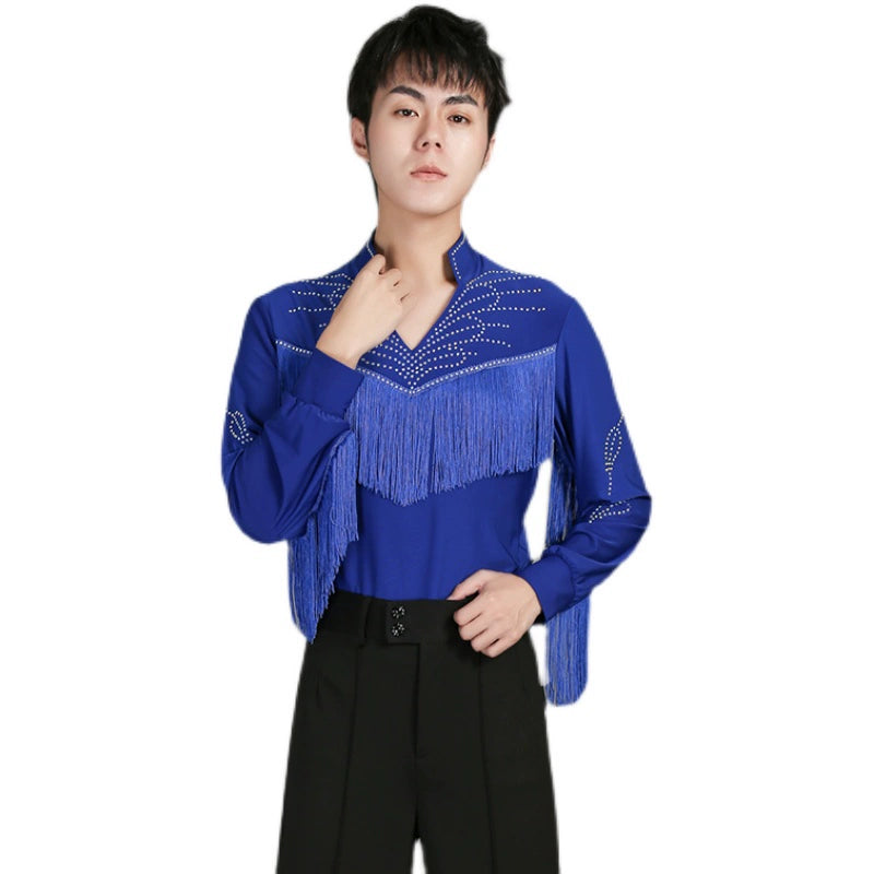 Men youth Modern dance ballroom latin performance royal blue shirts stage performance fringed tops for male