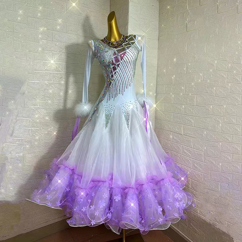 Customized Size Light Purple Crystals Competition Ballroom Dance Dresses for Women Girls Rhythm Smooth Foxtrot Waltz Performance Gown