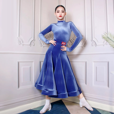 Girls Blue Purple Grey Velvet Ballroom Latin Dance Dresses for Kids Children  Competition Professional Performance Long Skirts for Children