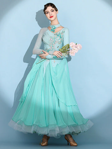 Aqua green color competition ballroom dance dresses for women girls waltz tango senior rhythm modern dance costume