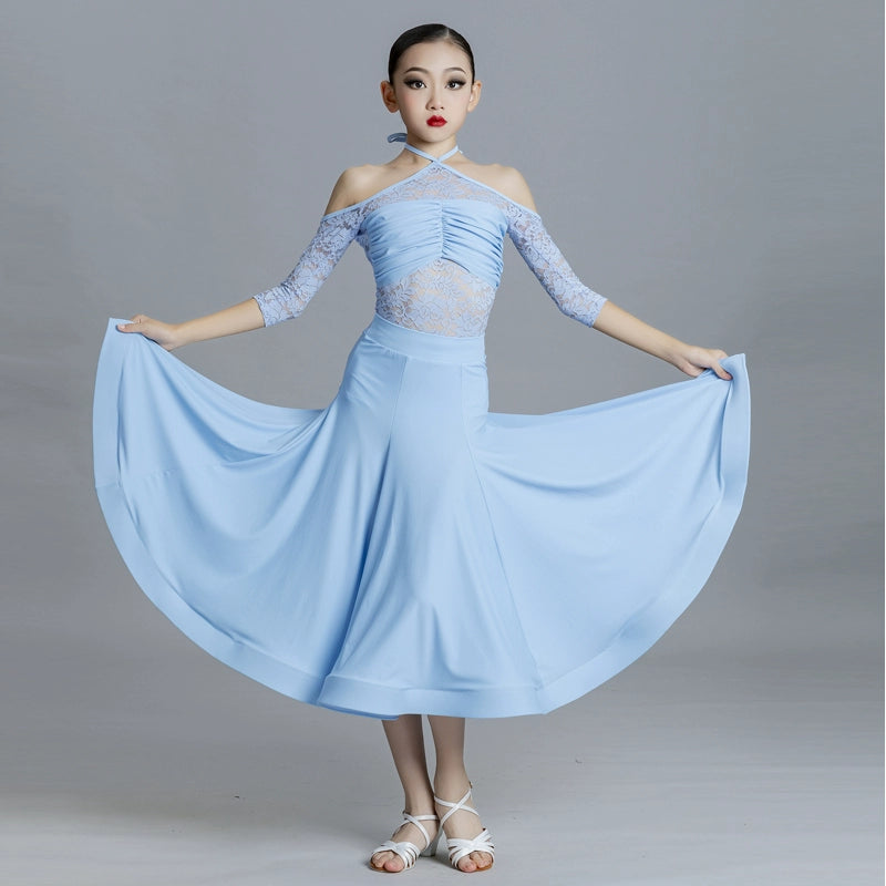 Blue modern Ballroom dance dresses for girls kids waltz tango practice professional competition gown training suit