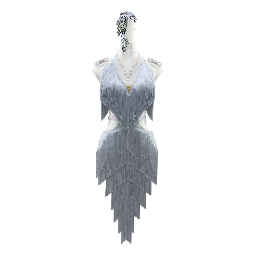 Silver Grey Fringe Competition Latin Dance Dresses for Women Girls Professional Latin Salsa Rumba Cha Cha Dance Costumes Solo Dance Clothes