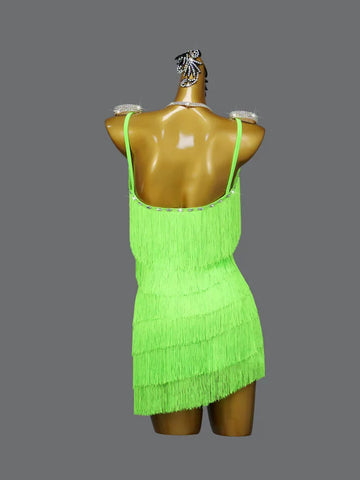 Custom size girls kids adult fluorescent green latin dance dresses salsa rumba chacha ballroom competition clothing fringed skirt