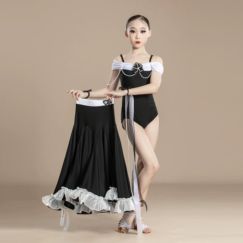 Girls white black Modern ballroom dance dresses kids Waltz Tango Performances Competition long gown swing skirts for Children