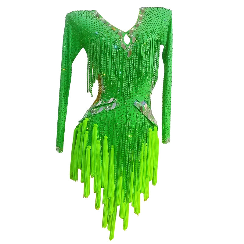 Latin Dance Dresses for Women Girls Green Fringe Sparkling Professional Competition Salsa Rumba Chacha Performance Outfits