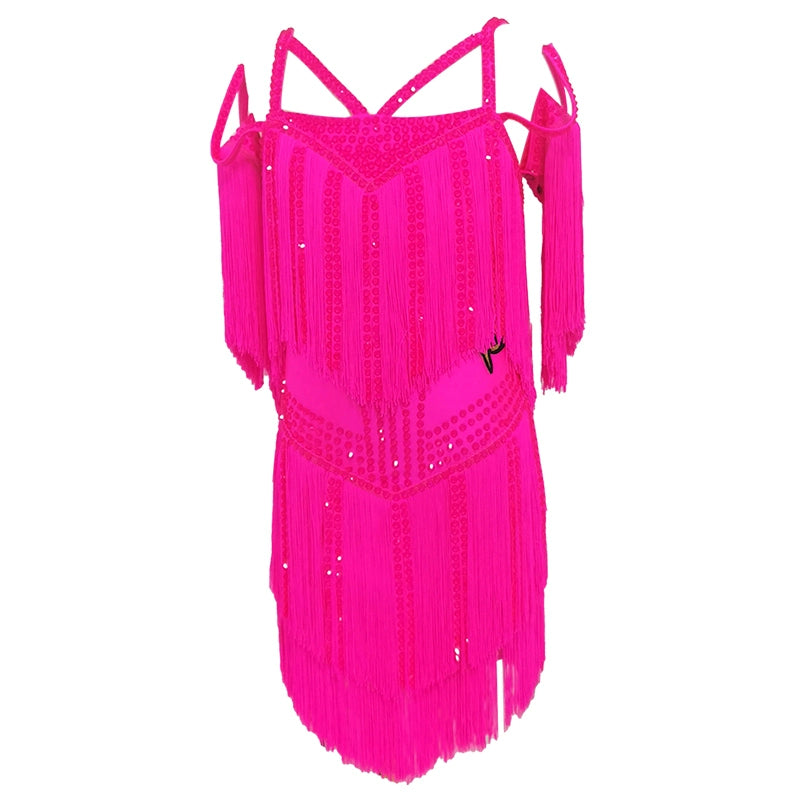 Latin Dance Dresses for Girls Kids Neon Hot Pink Salsa Rumba Chacha Fringe Diamond Latin Performance Outfits Solo Dance Costumes for Children