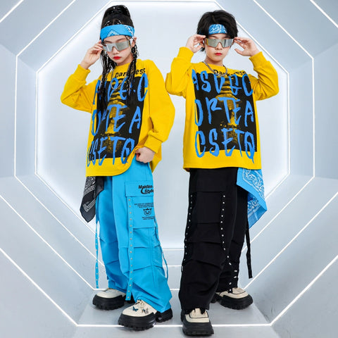 Kids Hip Hop Street Jazz Dance Costumes Boys Girls Blue Yellow Hiphop Fried Street Model Show Rapper Singers Catwalk Trendy Outfits for Children