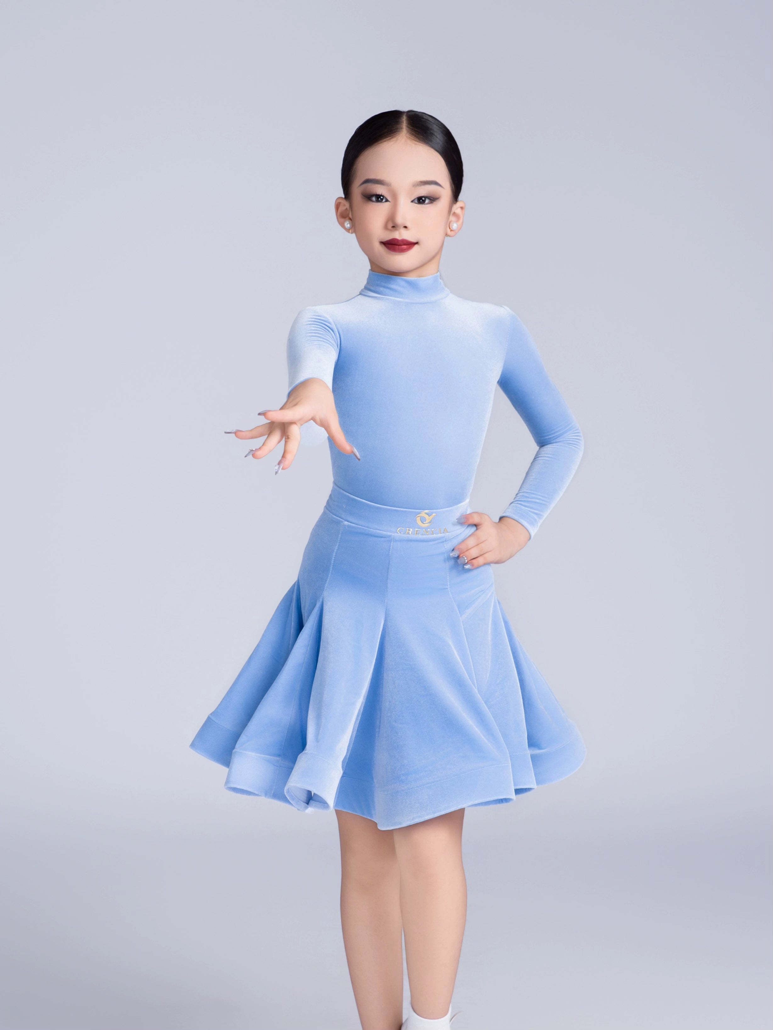 Children's blue pink velvet Latin dance dress kids national competition ballroom dance costumes for girls