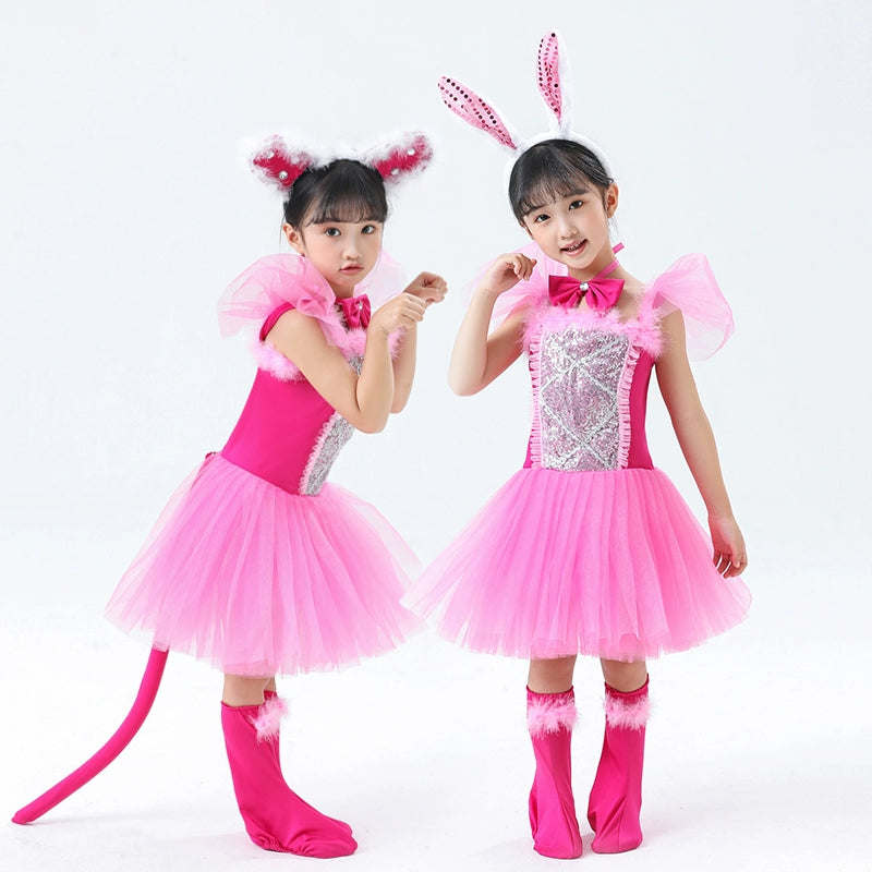 Kindergarten Animal Pink Cat Bunny Cosplay Performance Costumes for Girls Kids Halloween Xmas Birthday Party Dress Up Outfits Tutu Skirts