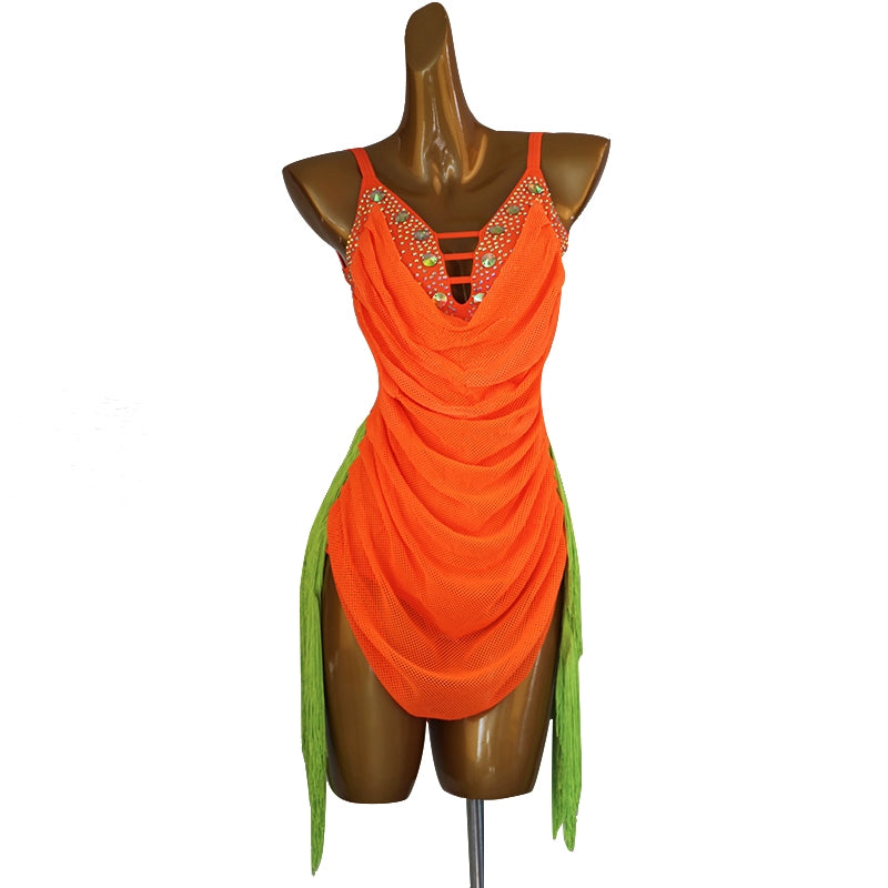 Orange green fringe competition Latin dance dress for women girls one-piece stones Latin dance performance costumes for female