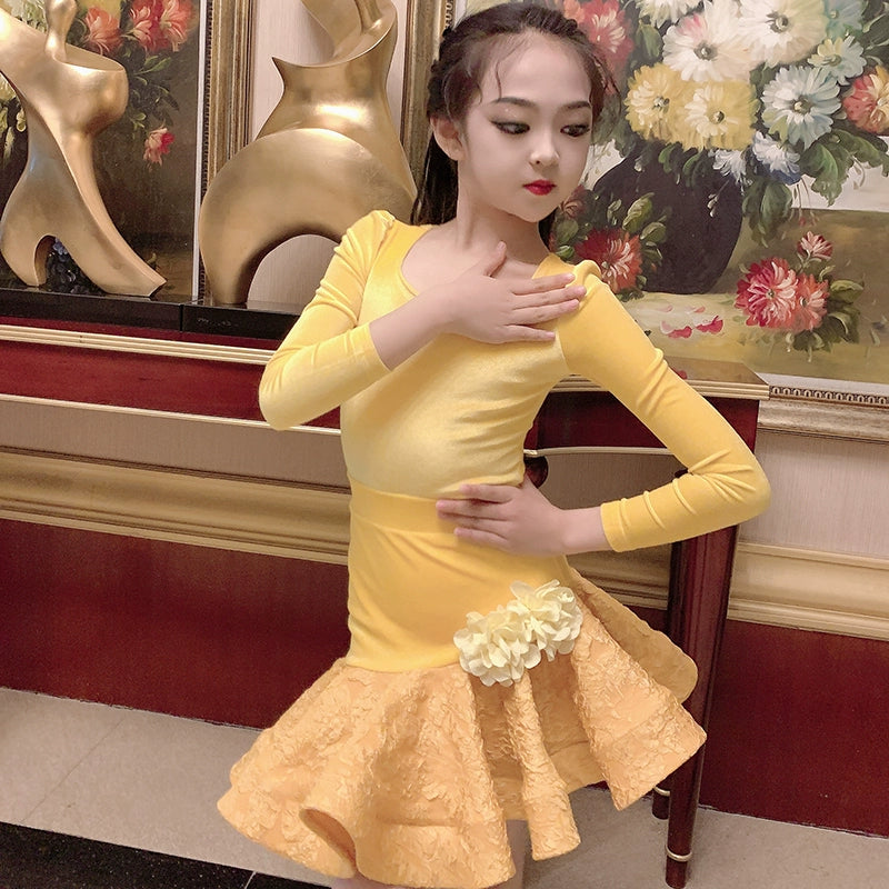 Yellow Girls Latin Dance Dresses Kids Lace Velvet Latin Salsa Rumba Ballroom Performance Costumes