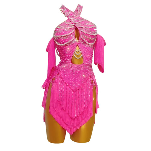 Custom Size Hot Pink Fringe Sparkling Latin Dance Dresses for Women Girls Kids Professional Competition Salsa Rumba Chacha Performance Costumes