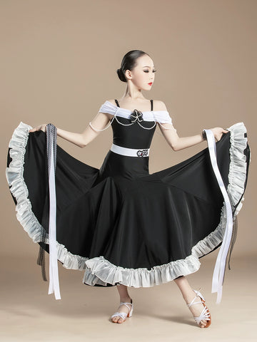 Girls white black Modern ballroom dance dresses kids Waltz Tango Performances Competition long gown swing skirts for Children